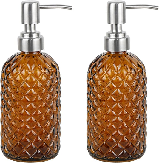 16 oz Diamond Pattern Glass Soap Dispenser, Kitchen and Bathroom Refillable Soap Dispenser with Rust Resistant Stainless Steel Pump for Hand Soap, Lotion Glass Liquid Dispenser(Amber-2pack) by SDlumeiy
