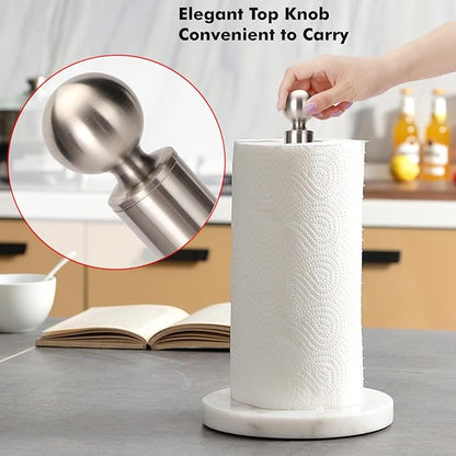 Paper Towel Holder Countertop, Standing Paper Towel Roll Holder for Kitchen Bathroom, with Weighted Base for One-Handed Operation (Marble Base, Brushed Nickel) - Image 4