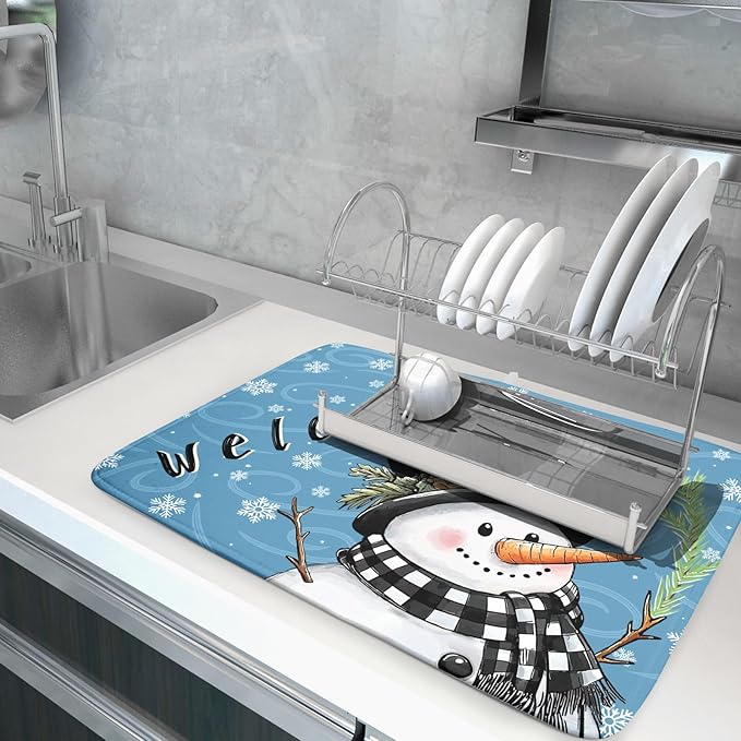 Christmas Snowman Dish Drying Mat for Kitchen Counter 18x24 Blue White Snowflake Welcome Winter Holiday Absorbent Reversible Microfiber Drying Mats Kitchen Countertop Protector Dishes Drainer Rack Pad - Image 5