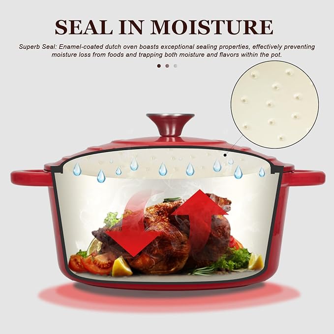Overmont Enameled Cast Iron Dutch Oven - 7QT Pot with Lid Cookbook & Cotton Potholders - Heavy-Duty Cookware for Braising, Stews, Roasting, Sourdough Baking red - Image 2