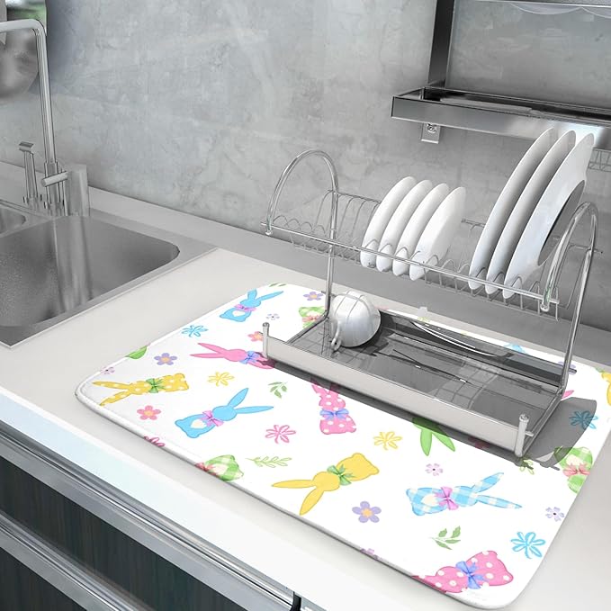 Easter Dish Drying Mat for Kitchen Counter Cute Bunny Floral Holiday Microfiber Absorbent Dish Draining Reusable Washable Foldable Extra Large 18"x24" - Image 5