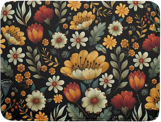 Vintage Boho Floral Dish Drying Mat for Kitchen Counter,Yellow Beige Black Spring Flower Drying Mat 18 x 24 Inch with Absorbent Reversible Microfiber Drying Pad for Coffee Bar by Anyako