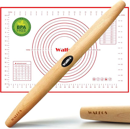WALFOS French Rolling Pin and Silicone Baking Mat Set, Non-Stick Beech Wood Rolling Pin 15.7 Inch and Pastry Mat for Best Pie Crust, Cookie, Pasta and Pizza Dough by Walfos