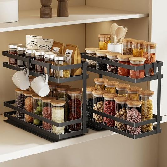 Magheo Pull Out Spice Rack Organizer for Cabinet, 2 Pack Metal Seasoning Organizer Slide Out Spice Storage Shelf No Assembly Vertical Spice Rack Pullout for Kitchen & Bahthroom No Drill(2 Tier,Black) by COMFORTYOURHOME