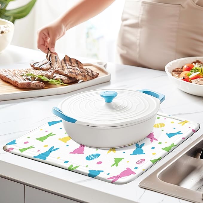 Easter Dish Drying Mat for Kitchen Counter 18" X 24" Microfiber Absorbent, Small & Compact Red Kitchen Draining Mat for Countertops Dish Drainer Mat Drying Pad Foldable Utensils, and Cookware - Image 4