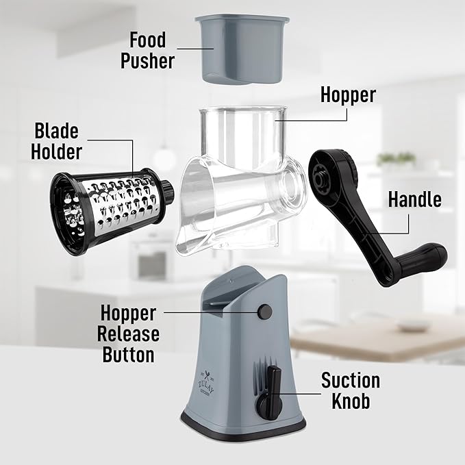 Zulay Kitchen Rotary Cheese Grater 5 Blade Cheese Shredder - Manual Hand Crank Cheese Grater With Reinforced Suction & 5 Interchangeable Drums - Easy to Use, Vegetable Chopper Round Mandoline Slicer - Image 8