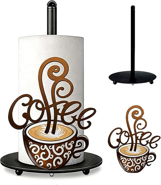 Coffee Themed Paper Towel Holder Countertop - Decorative Metal Paper Roll Stand with 3D Cup & Swirl Design, Weighted Base for Kitchen, Bar, Farmhouse Decor (Coffee)
