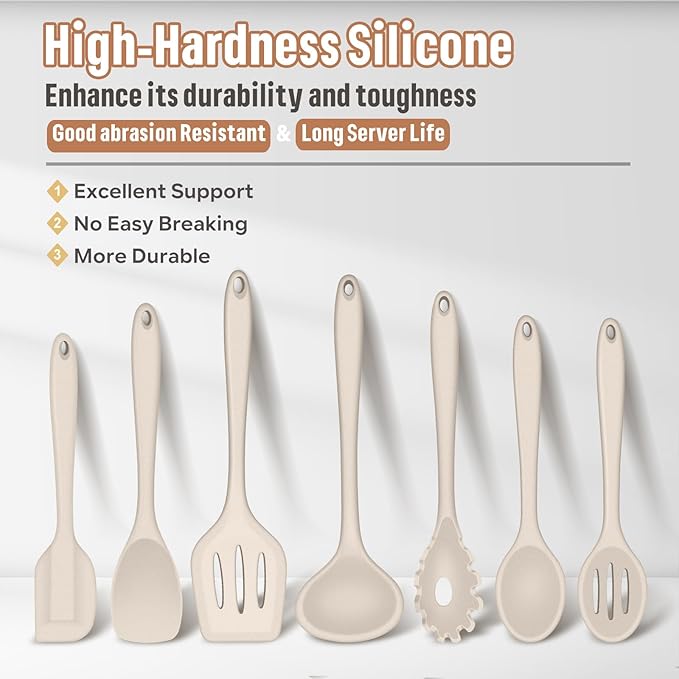E-far Silicone Cooking Utensils Set, 7-Piece Khaki Heat Resistant Kitchen Utensils Set, Kitchen Nonstick Tools Spatula Ladle Spoon Pasta Server for Non-stick Cookware, Non-Toxic & Dishwasher safe - Image 6