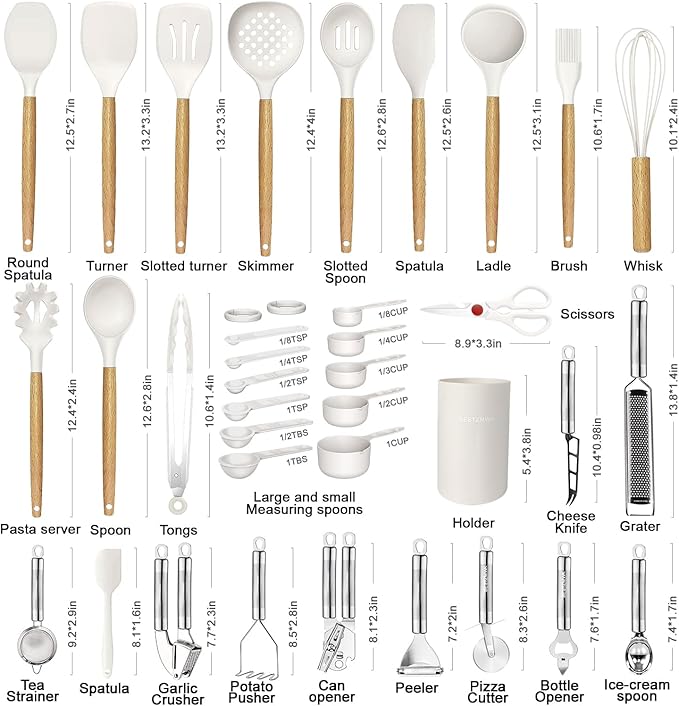 Cooking Utensils Set- 35 PCs Kitchen Utensils with Grater,Tongs, Spoon Spatula &Turner Made of Heat Resistant Food Grade Silicone and Wooden Handles Kitchen Gadgets Tools Set for Cookware - Image 2