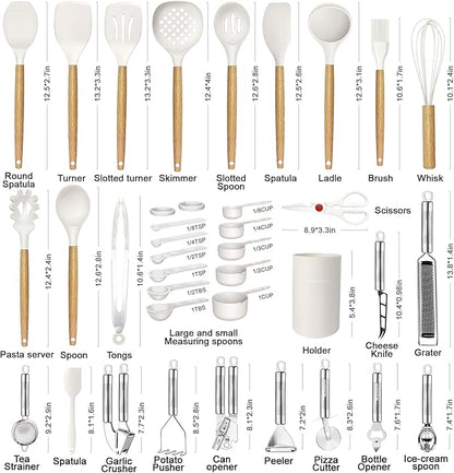 Cooking Utensils Set- 35 PCs Kitchen Utensils with Grater,Tongs, Spoon Spatula &Turner Made of Heat Resistant Food Grade Silicone and Wooden Handles Kitchen Gadgets Tools Set for Cookware - Image 2
