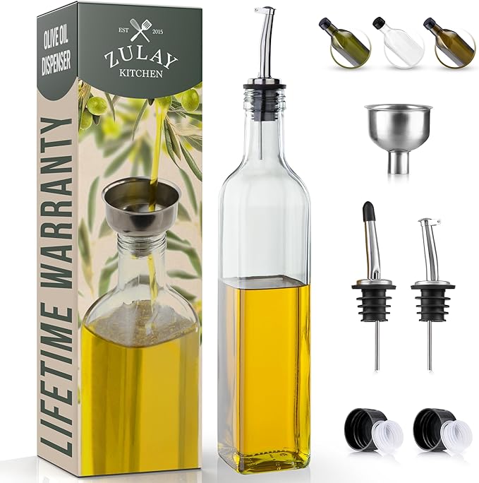 Zulay Olive Oil Dispenser For Kitchen, Glass Oil Container With Spout, Oil Decanter/Cruet Dispenser, Bottle Dispenser With Pourers and Funnel, 1 Pack (Clear) by ZulayKitchen