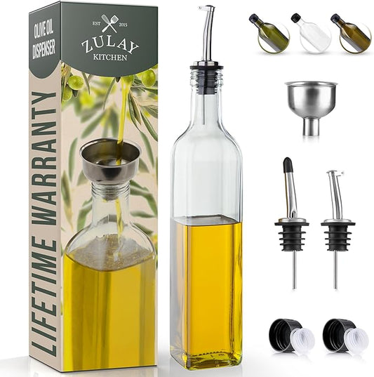 Zulay Olive Oil Dispenser For Kitchen, Glass Oil Container With Spout, Oil Decanter/Cruet Dispenser, Bottle Dispenser With Pourers and Funnel, 1 Pack (Clear) by ZulayKitchen