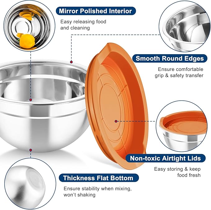 TeamFar Mixing Bowls with Lids, 5PCS Stainless Steel Metal Salad Bowl with 3 Grater Attachments, for Cooking, Prepping, Serving, Healthy, Airtight Lids & Easy Clean - 0.7/1 / 1.5/2.6/4.6QT - Image 3