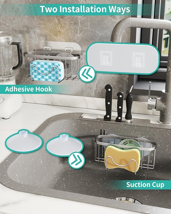 HapiRm Kitchen Sponge Holder for Sink - 2 Installation Methods Kitchen Sink Caddy Organizer with Unique M-Shaped, Rustproof Stainless Steel Sponge Caddy - Brushed Nickel (Large) - Image 3
