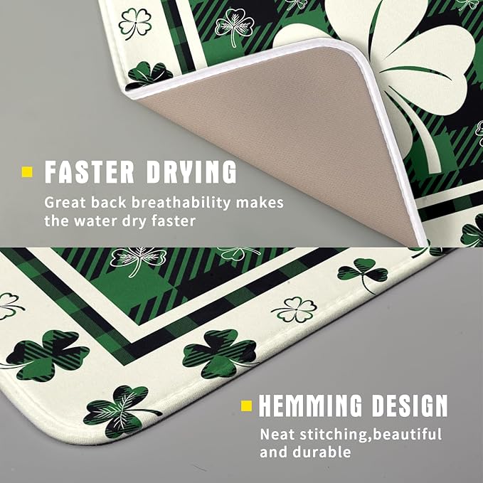 Giwawa Patrick Clovers Dish Drying Mat 16"x18" Lucky Shamrock Spring Leaf Dish Drainer Mats Green Black Buffalo Plaids Absorbent Microfiber Dish Drying Pad for Kitchen Countertop Small Decor
