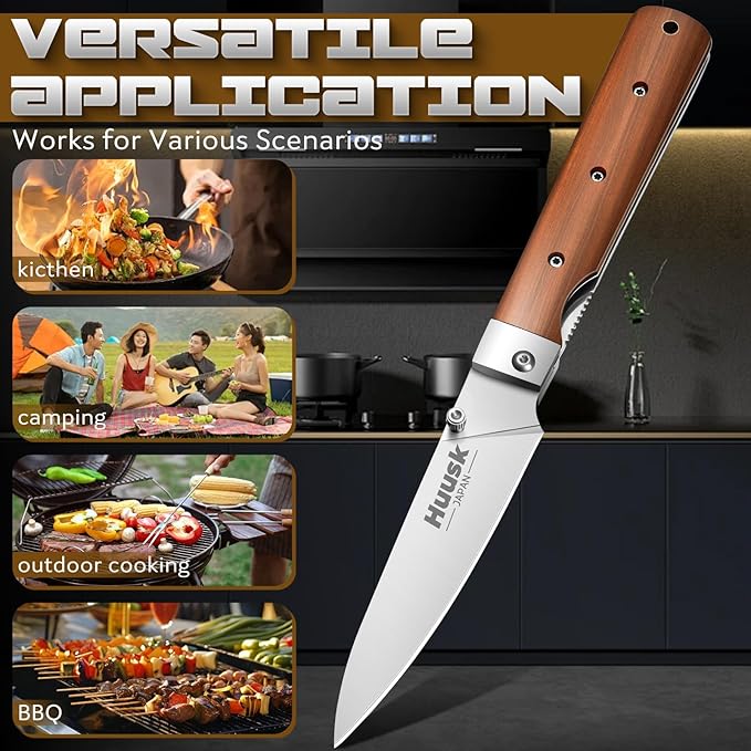 Huusk Folding Chef Knife Set - Including Nakiri, Santoku, Bread and Fruit Knives - EDC Kitchen Knife Set with 440C Stainless Steel Ultra Sharp Blade - Japanese Pocket Knives - Gifts for Mom