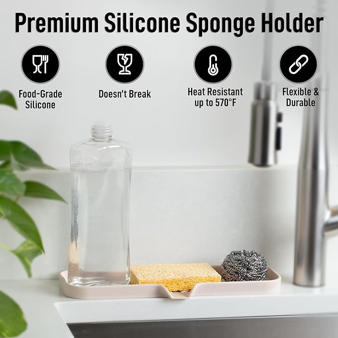 Zulay Kitchen Large Silicone Sponge Holder (12x4) – Flexible Sink Organizer Tray for Kitchen & Bathroom – Multipurpose Soap Dish for Sponges, Makeup, Trinkets & More (Ivory) - Image 2