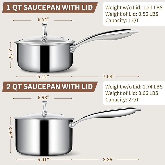 EWFEN 3 Ply Stainless Steel Sauce Pan Set with Lids, 1 & 2 Quart Multipurpose Cooking Pot, Stay-Cool Handle, Induction Oven Dishwasher Safe, 1QT & 2QT - Image 2