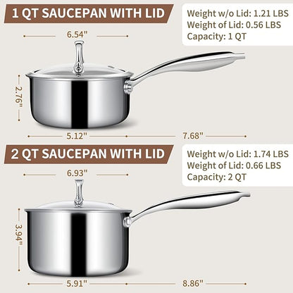 EWFEN 3 Ply Stainless Steel Sauce Pan Set with Lids, 1 & 2 Quart Multipurpose Cooking Pot, Stay-Cool Handle, Induction Oven Dishwasher Safe, 1QT & 2QT - Image 2