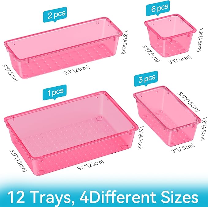 ElegantArray 12 PCS Drawer Organizer Set, 4 Sizes Tool Storage Trays, Clear Plastic Makeup Vanity Organizer and Storage Bins for Stationeries, Multiple Gadgets for Office, Bedroom, Pink - Image 4