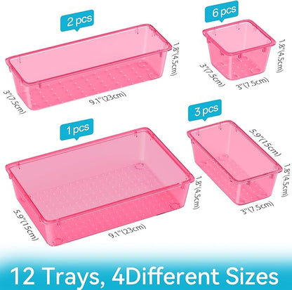 ElegantArray 12 PCS Drawer Organizer Set, 4 Sizes Tool Storage Trays, Clear Plastic Makeup Vanity Organizer and Storage Bins for Stationeries, Multiple Gadgets for Office, Bedroom, Pink - Image 4