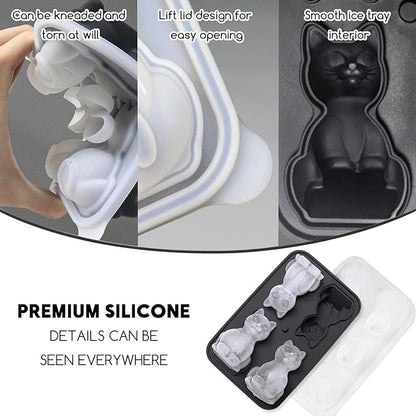 4 Cavities 3D Cat Ice Cube Molds, Black Silicone Ice Cube Tray with Lid, Cute Cat Shape Ice Mold, Large Ice Cube Tray, Food Grade Reusable Ice Trays for Whiskey, Cocktails, Homemade Cold Drinks
