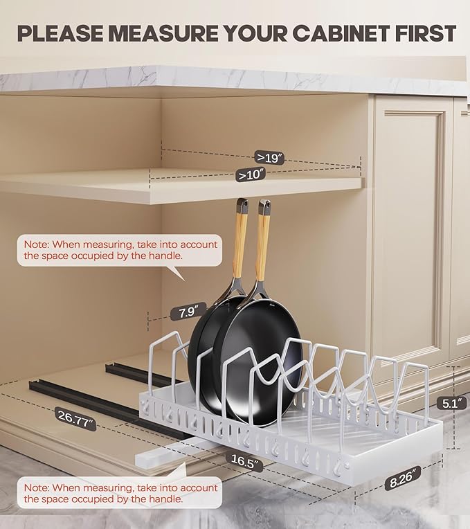 Lozovin Pull Out Pots and Pans Organizer Under Cabinet, Sliding Lid Holder and Pan Rack in Kitchen, Slide Out inside Cabinet Storage for Pot Lid, Bakeware, Dishes, 8 Adjustable Dividers, 2 Pack White - Image 2