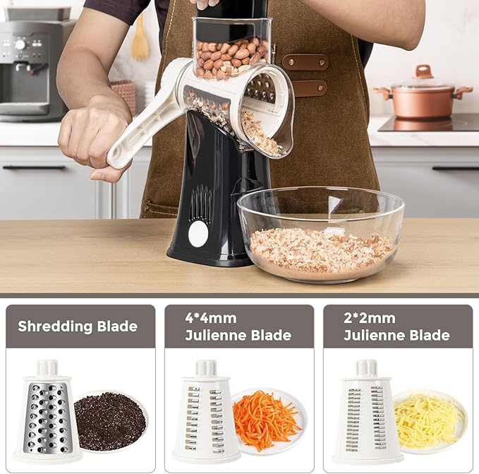 X Home 5-in-1 Rotary Cheese Grater for Kitchen, Upgraded Hand Crank Shredder with Stronger Suction Base & Multifunctional Drum Blades, for Cheese, Vegetables and Nuts, Easy to Use and Clean, Black - Image 3