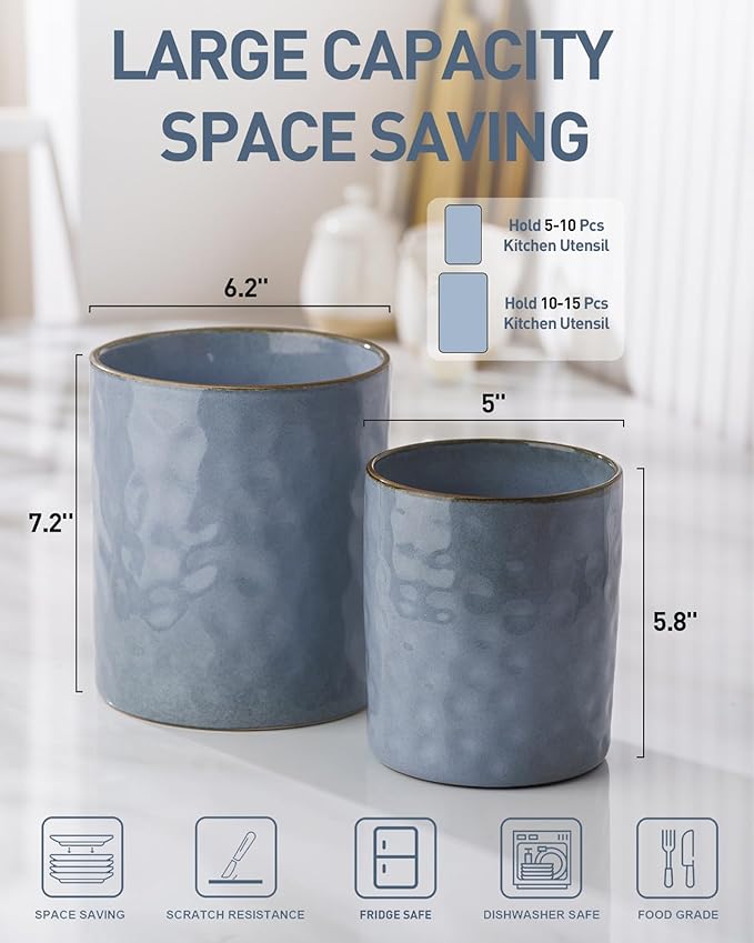 famiware Ocean Utensil Holder, 7.2"+5.8" Ceramic Kitchen Utensil Holder for Countertop, 2 Pieces Cooking Utensil Crocks, Utensil Organizer for Spatula & Spoon, Kitchen Decor, Set of 2, Blue - Image 5