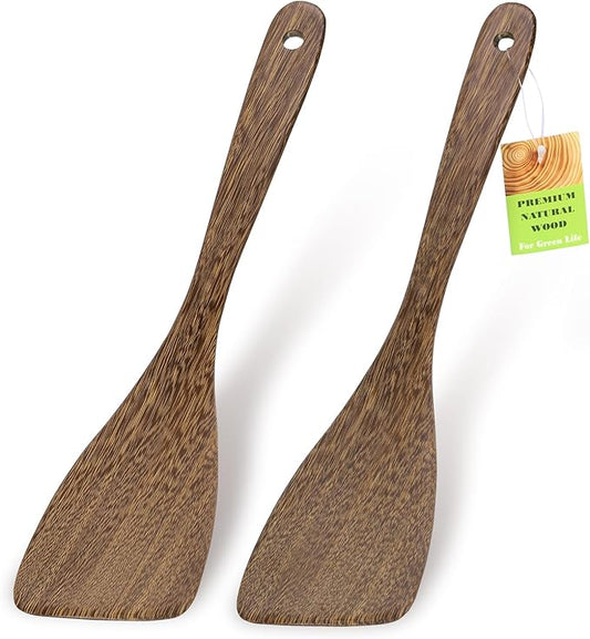 Ecavria 2PCS Wooden Spatula, 12.8IN Wooden Flat Frying Spatulas, Long Handle Wood Turner for Non-Stick Cookware, Natural Wood Cooking Utensils, Healthy, Sturdy & Heat-Resistant