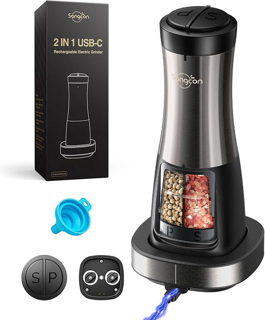 Sangcon Electric Salt and Pepper Grinder Set Shaker 2 IN 1 - USB RECHARGEABLE Salt and Pepper Mill with Charging Base, Adjustable Coarseness Automatic Grinder with Light, House Warming Cooking Gifts by Sangcon