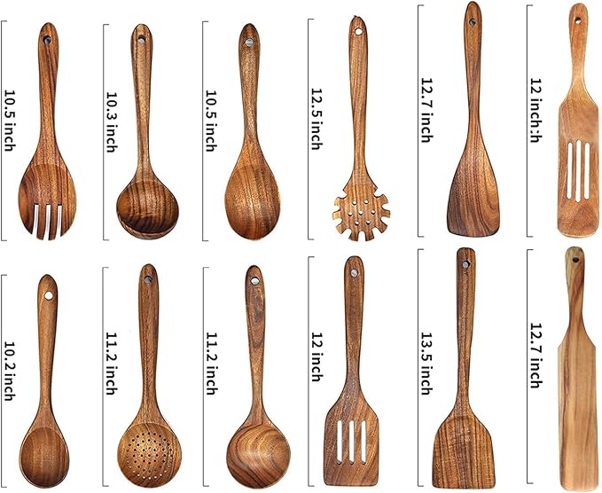 Wooden Spoons for Cooking,12 Pack Wooden Utensils for Cooking Wooden Cooking Utensils Wooden Kitchen Utensils Set Natural Teak Wooden Spatulas for Cooking - Image 3