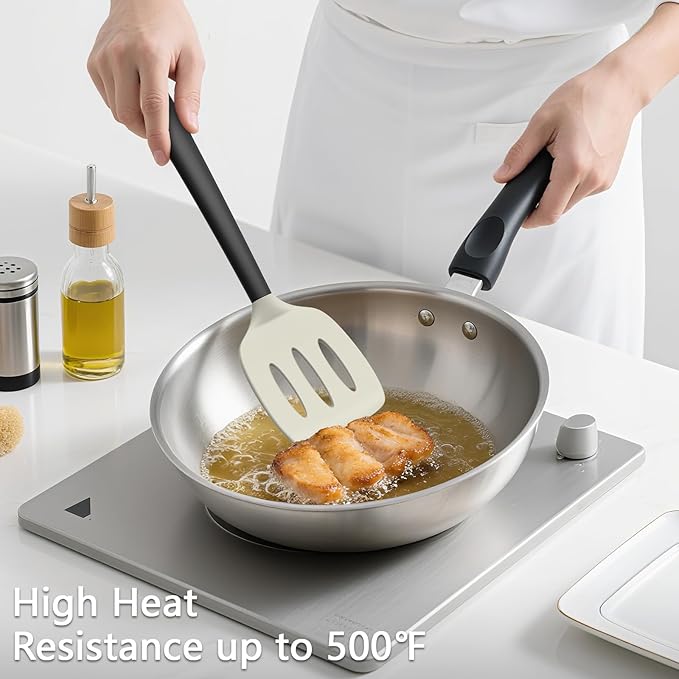 Coukre 3 Pack Silicone Spatula Set, High Heat Resistant, BPA-Free, Fish Spatula, Solid & Slotted Turner for Non-Stick Pans, Flipping Eggs, Pancakes, Fish, Burgers (3, BeigeBlack) - Image 4