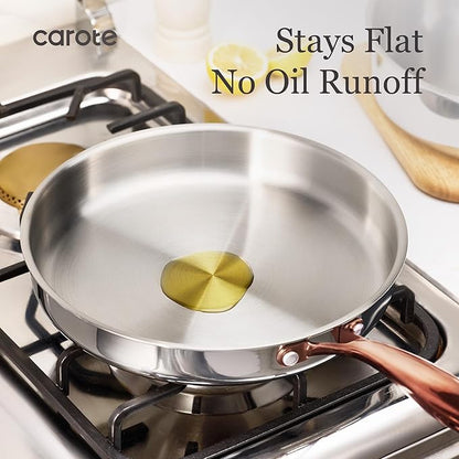 CAROTE 10" Tri-Ply Stainless Steel Frying Pan, Non-Toxic Egg Pan Omelet Pan, Oven Safe, Induction, Ceramic and Gas Cooktops Compatible, Polished Silver - Image 5