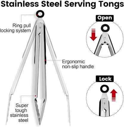 CHENGU12 Pack Stainless Steel Tongs 4/5/7inches Food Serving Clip Kitchen Cooking Tongs High Heat Resistant Clips for Cooking Non Stick Locking Grip for Ribs, Steak and Grill Salad