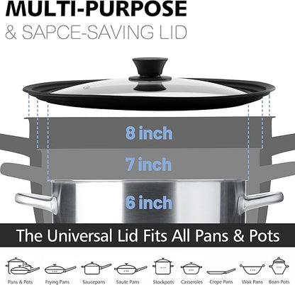 Anaeat Silicone Universal Lid for Pots, Pans and Skillets - Tempered Glass Covered with Heat Resistant Silicone Rim Fits 6", 7" and 8" Diameter Cookware -Easy to Use Replacement Frying Pan Cover