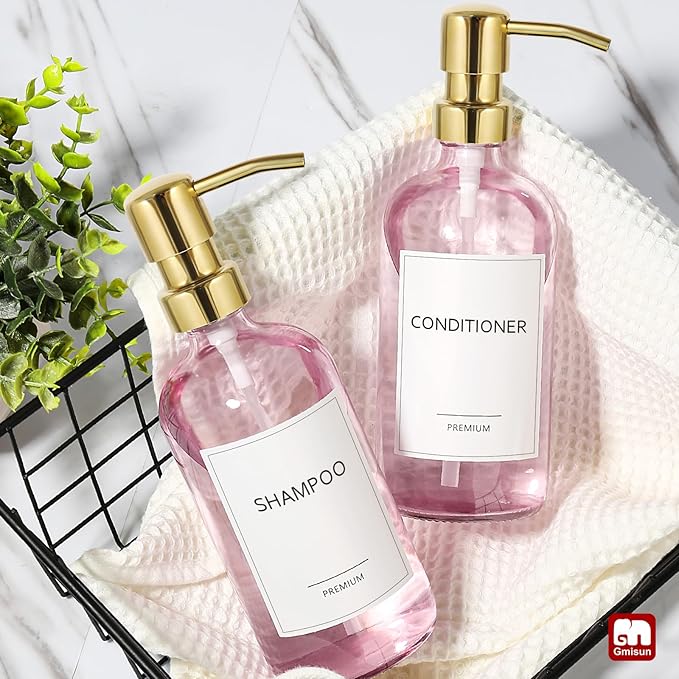 GMISUN Pink Soap Dispenser Bathroom, 2 Pack Kitchen Hand and Dish Soap Dispensers Set, 17 Fl Oz Pink Glass Soap Dispenser with Gold Pump, Refillable Modern Farmhouse Liquid Soap Pump Bottles - Image 8