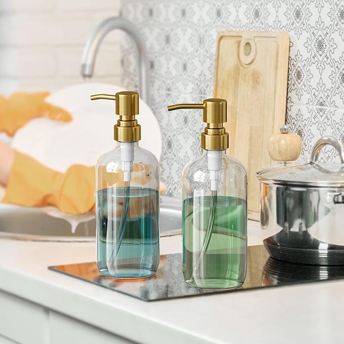AmazerBath Soap Dispenser, 2 Pack Glass Soap Dispenser with Pump Stainless Steel, 17 Oz Clear Gold Hand Soap Dispensers for Bathroom and Kitchen - Image 6