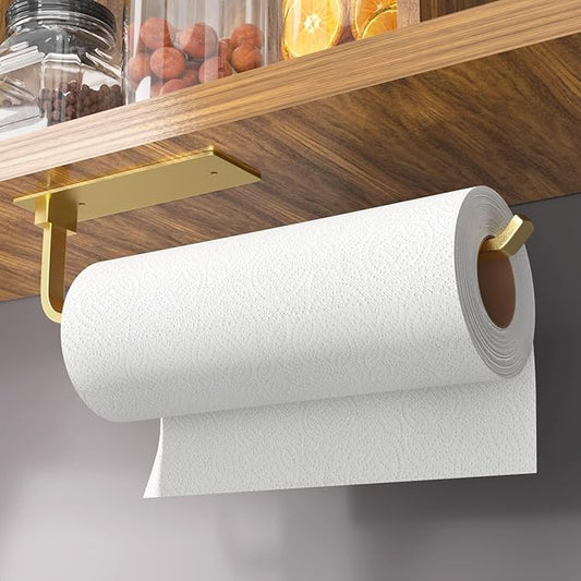 Paper Towel Holder - Self-Adhesive or Drilling, Gold, Upgraded Aluminum Kitchen Roll Dispenser Under Cabinet, Lighter but Stronger Than Stainless Steel! by niffgaff