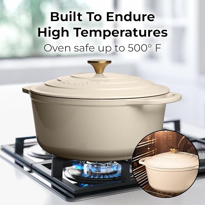 Zulay Kitchen 6 Quart Enameled Cast Iron Dutch Oven Pot with Lid – Premium Durability & Oven Safe up to 500°F – Heavy Duty Cookware Perfect for Bread Baking, Stews, Braising & Roasting - Ivory - Image 2