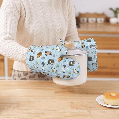 Cute Cat Oven Mitts and Pot Holders Set - Heat Resistant & Non-Slip Silicone Kitchen Gloves for Cooking, Baking, Grilling, BBQ - Fun Kitchen Accessories
