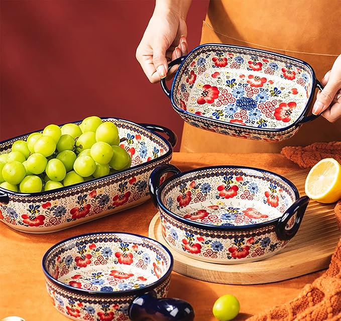 Vintage Flowers Style Ceramic Bakeware Casserole Dish Baking Pan Lasagna Pans Baking Dish with Handles for Oven/Cooking/Kitchen-1 PCS-Red Flowers-22 OZ - Image 4