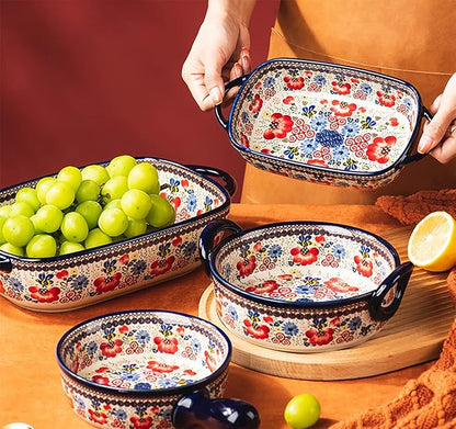 Vintage Flowers Style Ceramic Bakeware Casserole Dish Baking Pan Lasagna Pans Baking Dish with Handles for Oven/Cooking/Kitchen-1 PCS-Red Flowers-60 OZ - Image 4