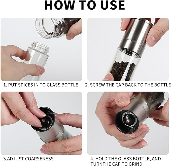 Original Stainless Steel Pepper Grinder or Salt Mill 1pk - Coarseness Adjustable Sea Salt Grinder or Pepper Mill Grinder - Small Manual Salt Pepper Shakers with Glass Container - Image 3
