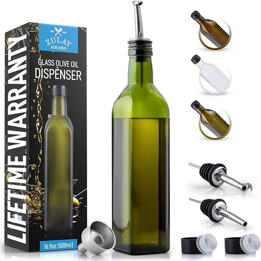 Zulay Kitchen 17oz Olive Oil Dispenser Bottle – Glass Oil Cruet with Spout, Funnel & Pourers, Easy-Pour Decanter for Kitchen Cooking and Serving (Green) by ZulayKitchen