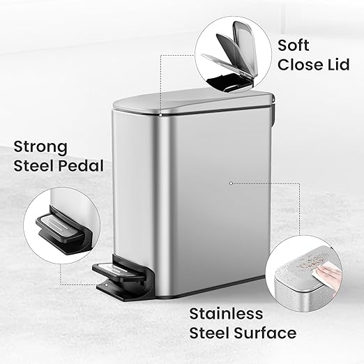 Cesun Small Bathroom Trash Can with Lid Soft Close, Step Pedal, 6 Liter / 1.6 Gallon Stainless Steel Mini Garbage Can for Office, Outdoor Trash Bin with Removable Inner Bucket (Silver) - Image 3