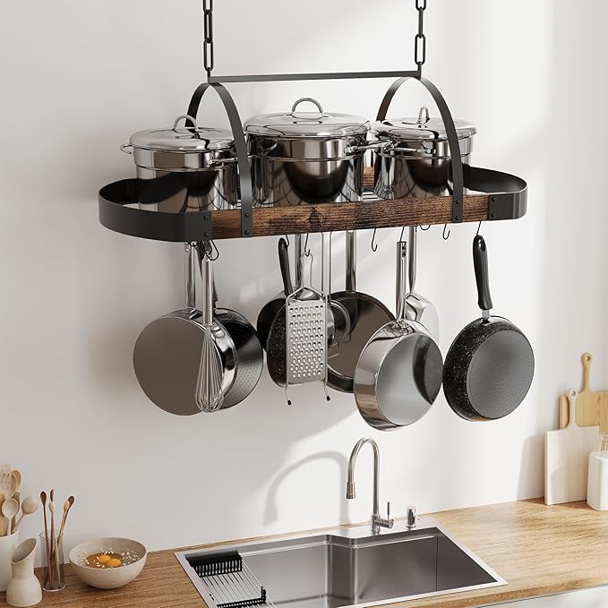 Hanging Pot Rack,32-Inch Ceiling Pot Rack for Kitchen,Space-Saving Pot Hanger with 16 Detachable S Hooks,Sturdy Metal Frame,Industrial Style,for Pot, Pan Storage,Space-Saving - Image 8