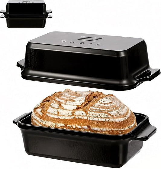 Enameled Cast Iron Dutch Oven for Bread Baking, 9×5 Dutch Oven Pot with Lid for Homemade Bread, 2 in 1 Sourdough Bread Pan with Lid, Roasting & Braising, Oven & Induction Safe (4.2 QT,Black)