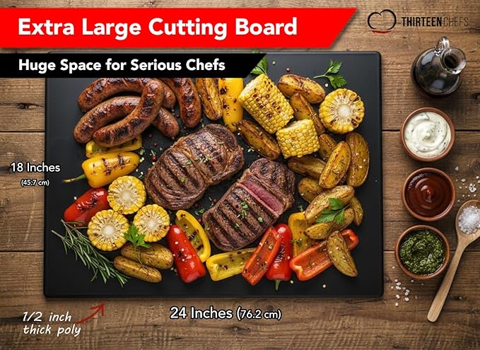 Thirteen Chefs Extra Large 24 x 18 Black Cutting Board - 1/2" Thick HDPE Plastic for Restaurants and Professional Kitchens - Image 2