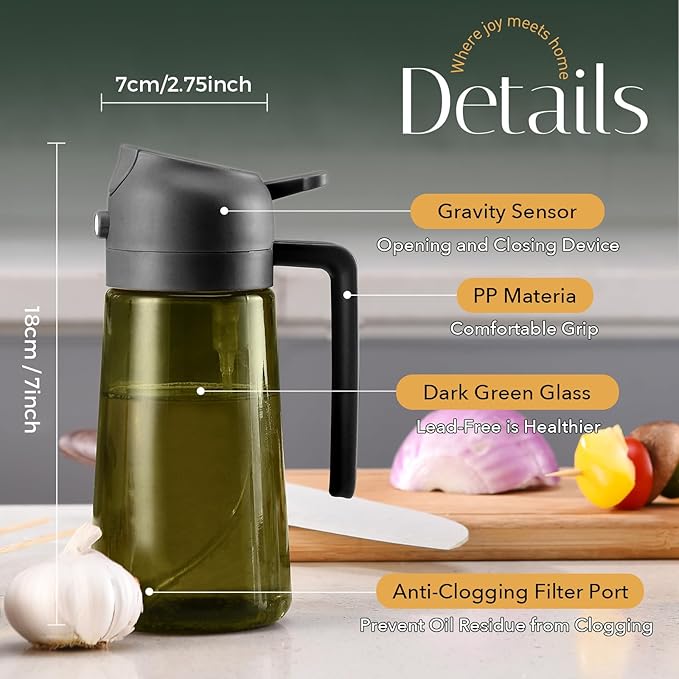 YARRAMATE 16oz/470ml Light-Blocking Dark Oil Sprayer for Cooking, 2 in 1 Olive Oil Dispenser Bottle for Kitchen, Premium Dark Green Glass Oil Bottle, Food-Grade Oil Mister for Air Fryer, BBQ (Black) - Image 9
